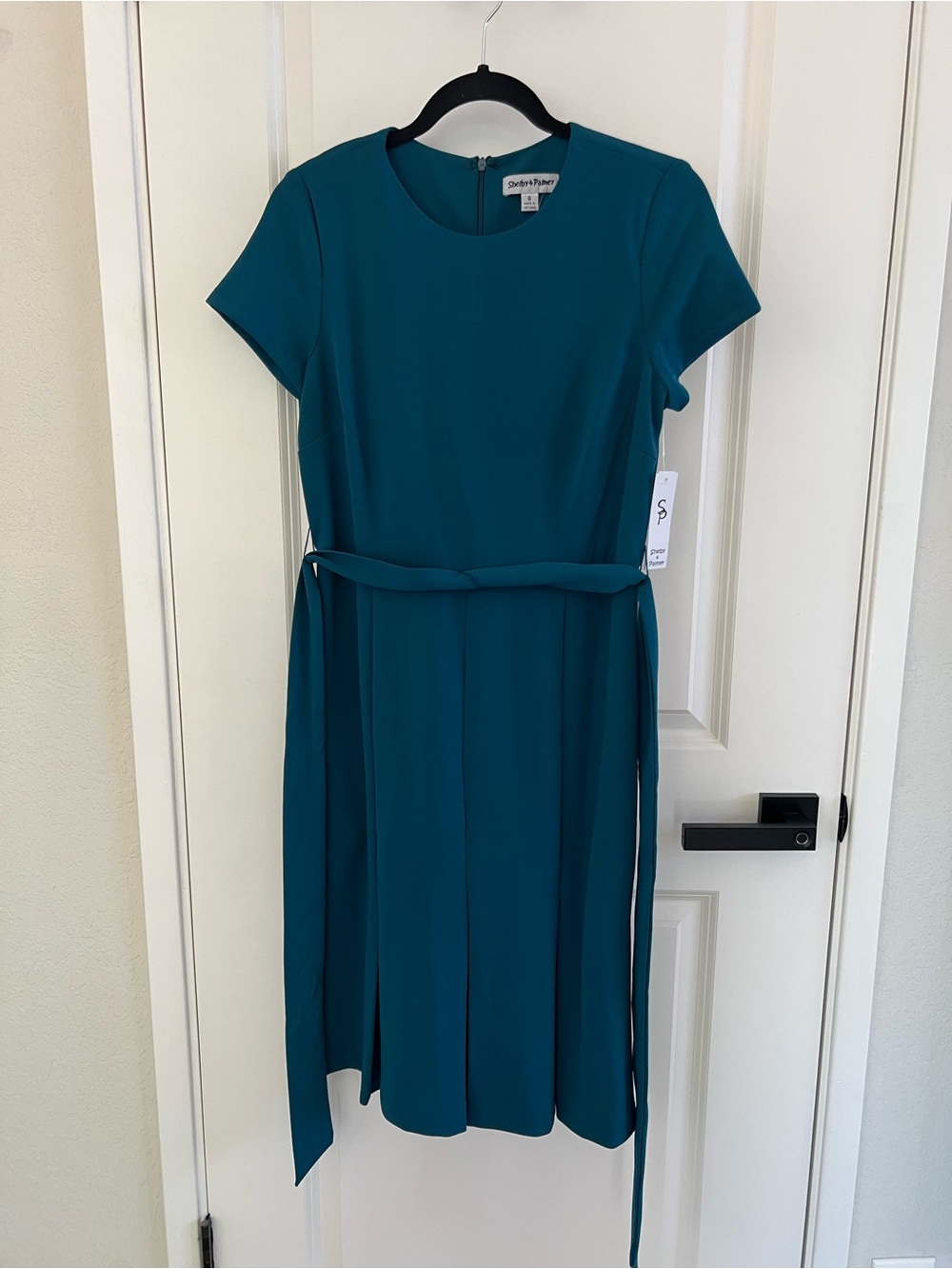 Shelby & Palmer Teal Short-Sleeve Midi Dress with Waist Tie